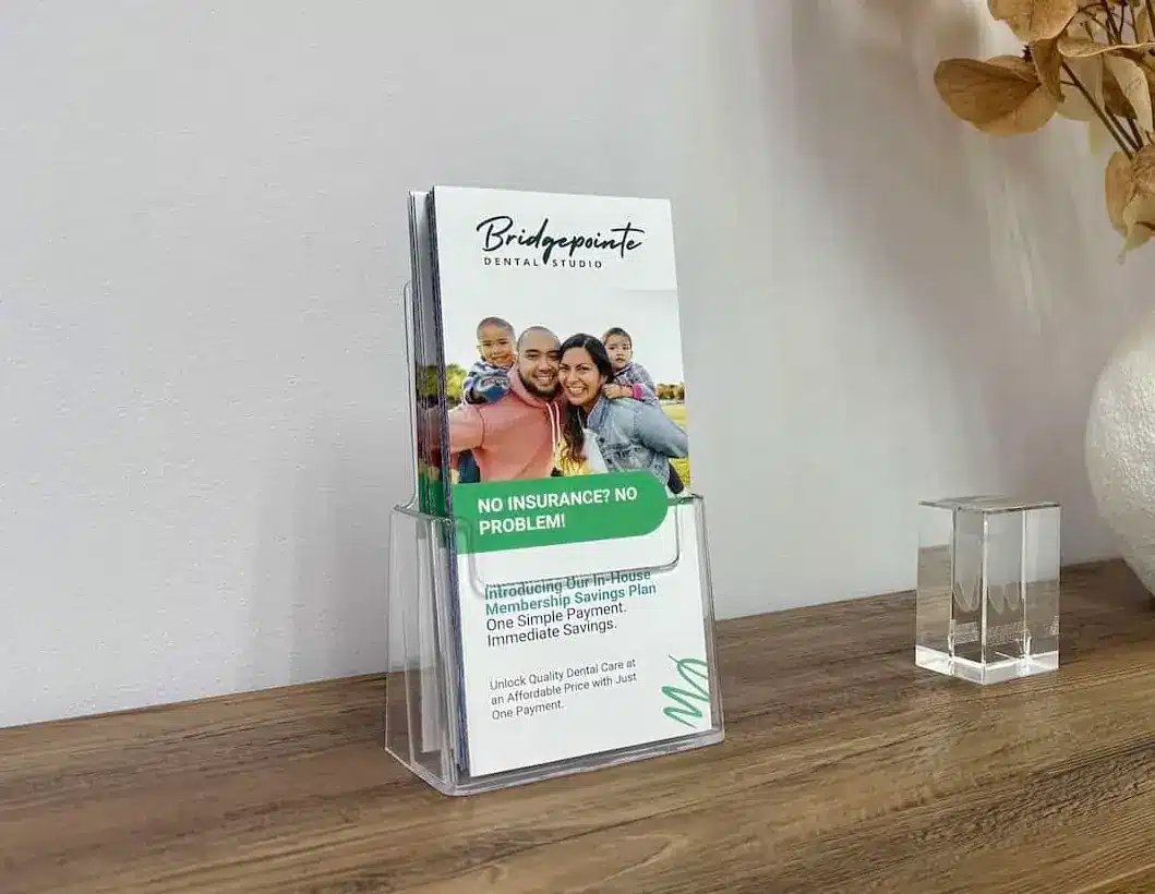 Affordable in-house dental membership plan brochure at Bridgepointe Dental Studio in Metuchen, NJ